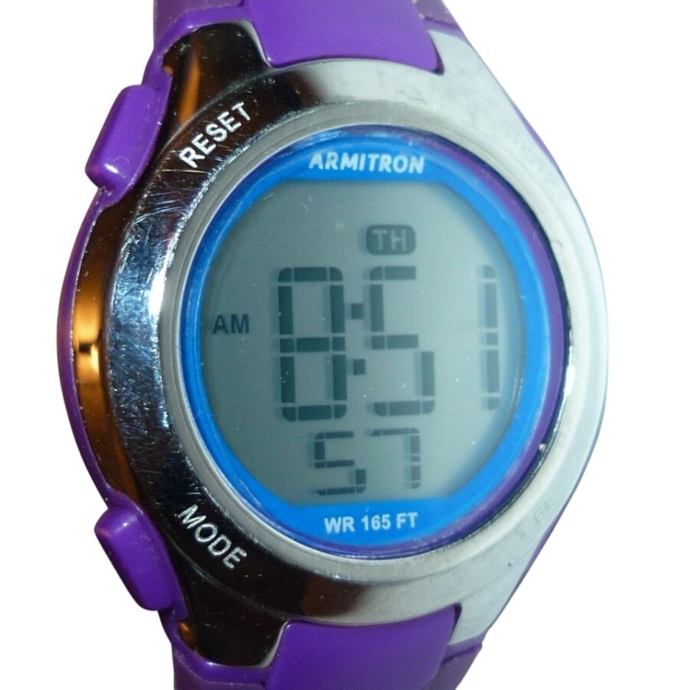 Armitron Sport Womens Digital Watch Purple Resin Strap Silver Bezel WR 165ft